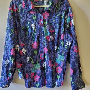 Linea By Louise Dell'Oleo Womens 2x Button Up Blouse Cotton Pheasant Pattern